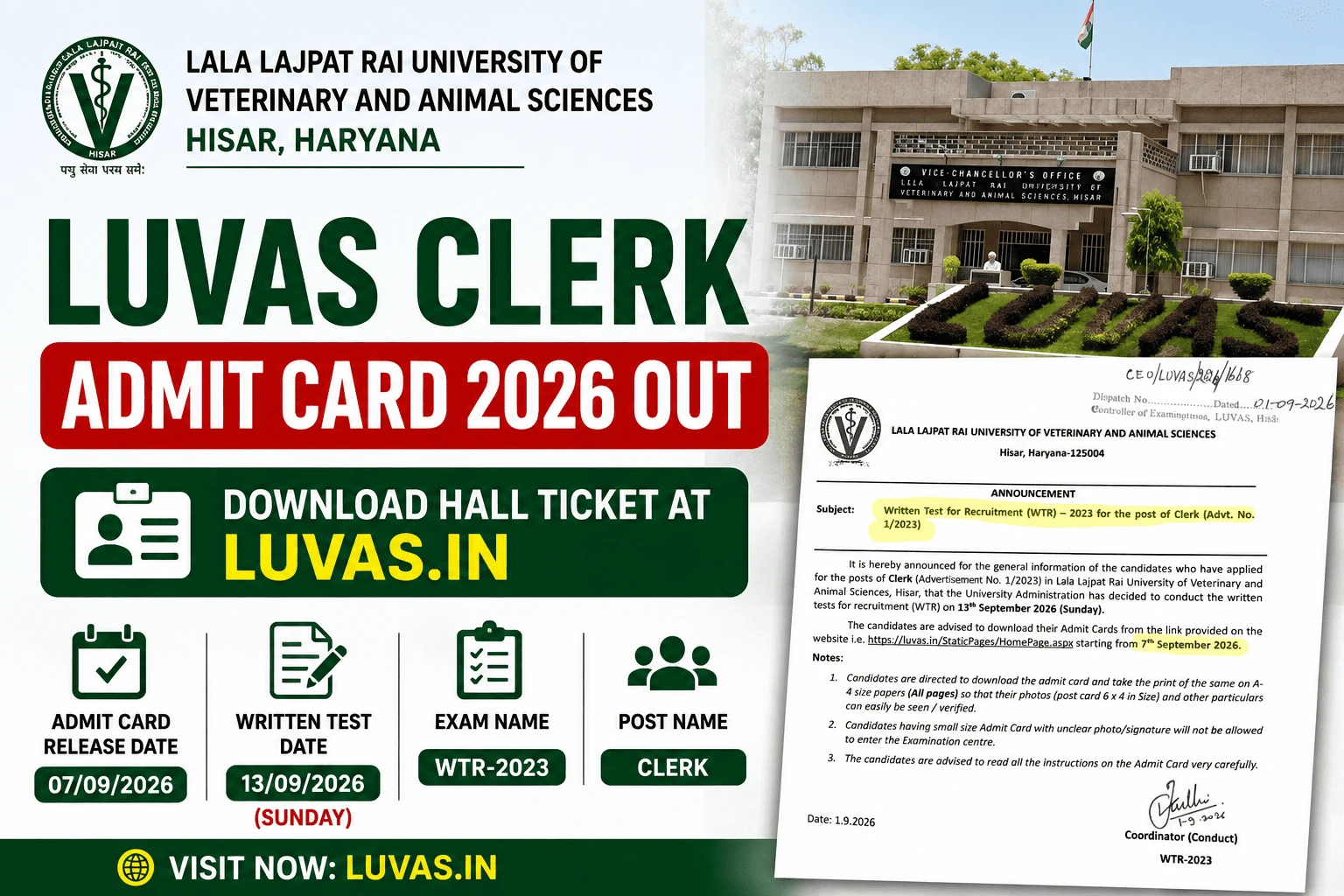 LUVAS Clerk Admit Card 2026