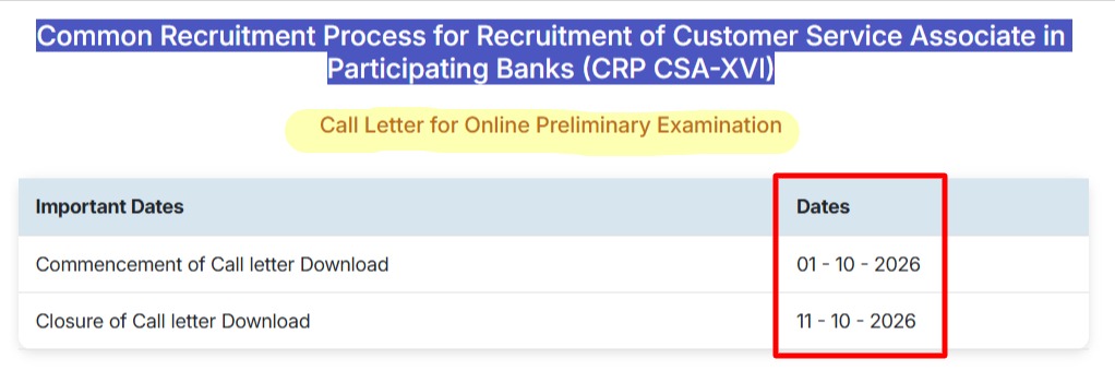 Common Recruitment Process for Recruitment of Customer Service Associate in Participating Banks (CRP CSA-XVI)
